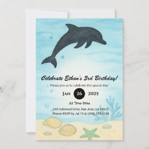  Dark Dolphin Seashell Ocean Scene Birthday  Invitation