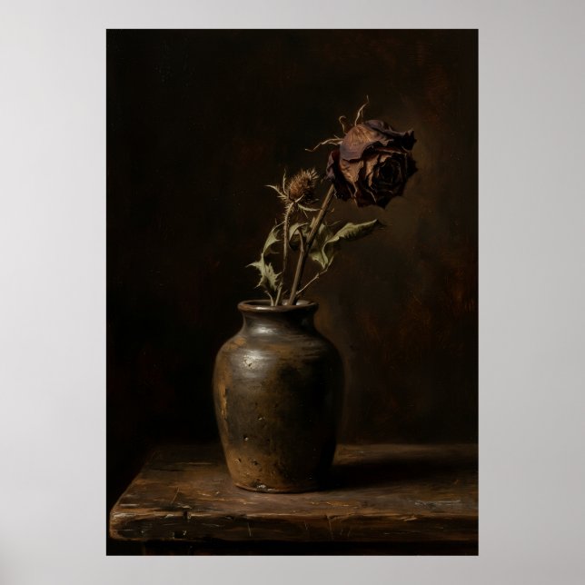 Dark Dried Rose Clay Vase Still Life Moody Dark Ae Poster (Front)