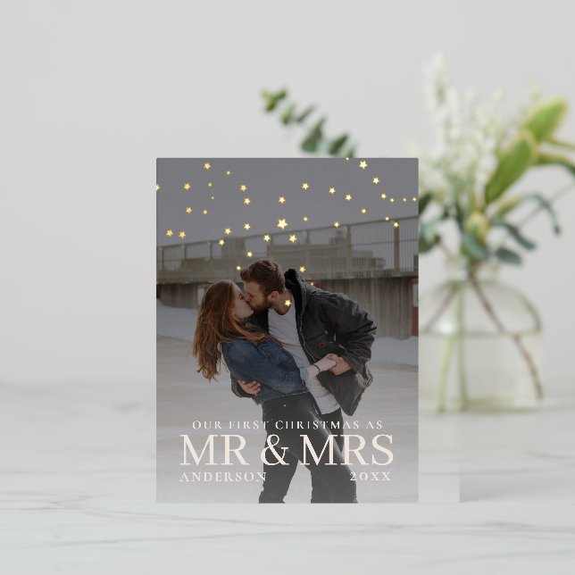 Dark Dusky Couple Photo with Stars for Christmas  Foil Holiday Postcard (Standing Front)