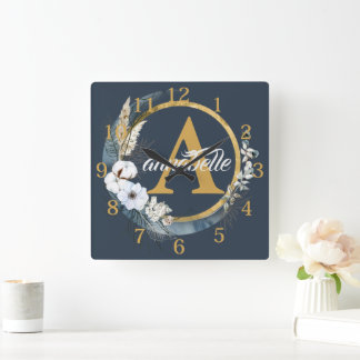 Dark Dusty Blue Floral Boho Name and Initial Square Wall Clock