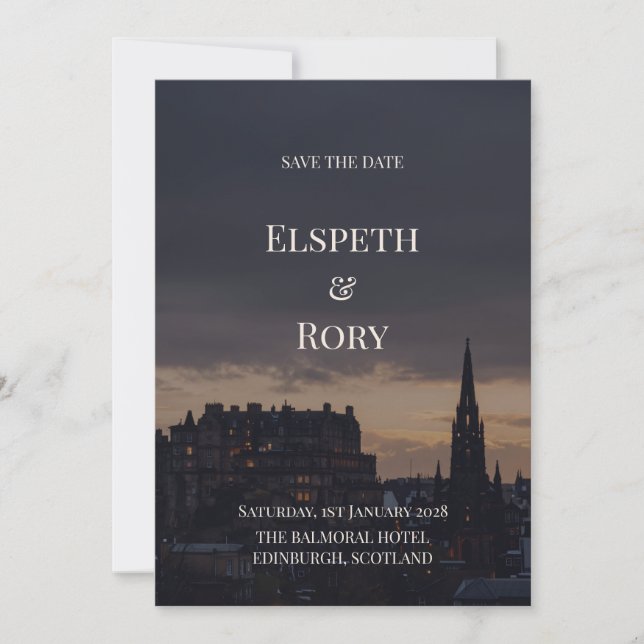 Dark Edinburgh Skyline Save the Date Card | Gothic (Front)