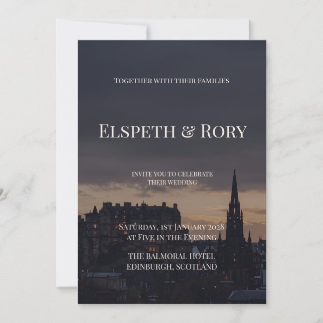 Dark Edinburgh Skyline Scottish Wedding Invitation (Front)