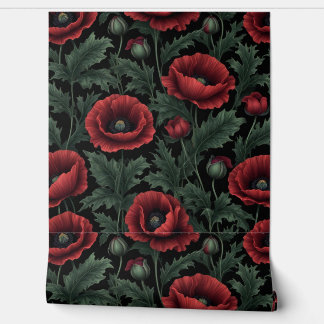 Dark Elegance: Crimson Poppies and Verdant Leaves Wallpaper