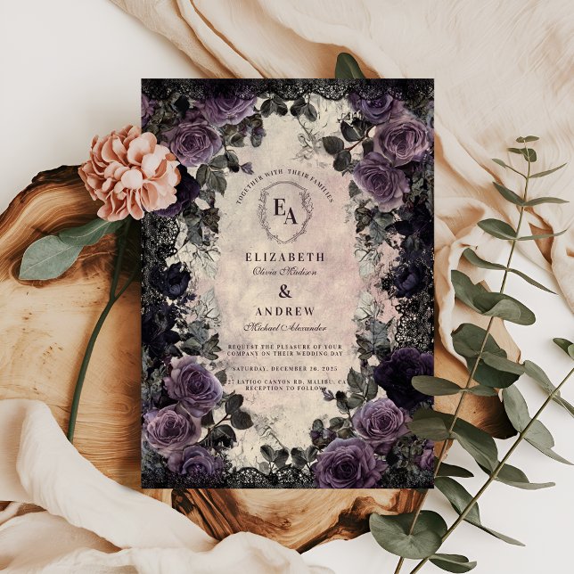 Dark Elegance with Purple Roses & Lace Invitation (Creator Uploaded)