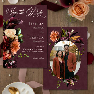 Dark Elegant Autumn Floral Burgundy Photo Wedding Save The Date