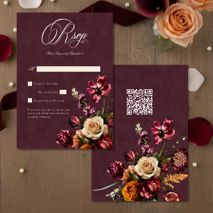 Dark Elegant Autumn Floral Burgundy Wedding QR RSVP Card