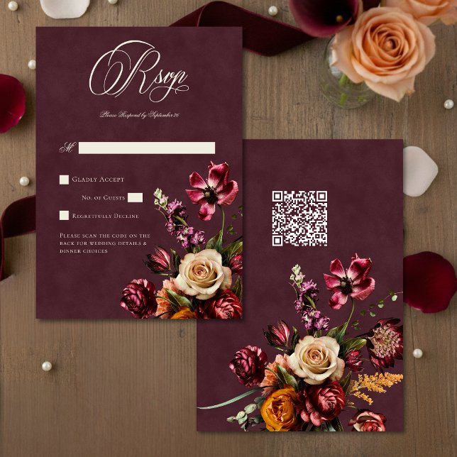 Dark Elegant Autumn Floral Burgundy Wedding QR RSVP Card (Creator Uploaded)