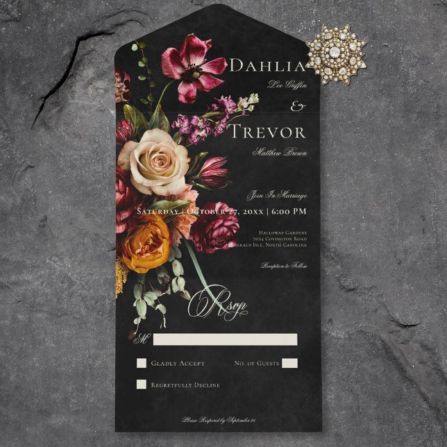 Dark Elegant Autumn Floral Wedding No Dinner All In One Invitation (Dark Elegant Autumn Floral Wedding No Dinner All In One Invitation)
