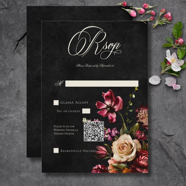 Dark Elegant Autumn Floral Wedding QR Code RSVP Card (Dark Elegant Autumn Floral Wedding QR Code RSVP Card)