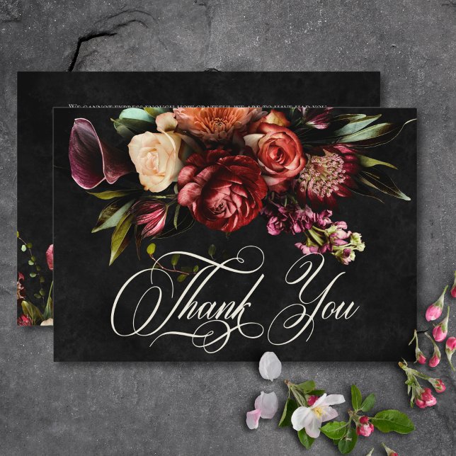Dark Elegant Autumn Floral Wedding Thank You Card (Dark Elegant Autumn Floral Wedding Thank You Card)