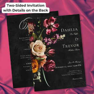 Dark Elegant Autumn Floral Wedding Two Sided Invitation