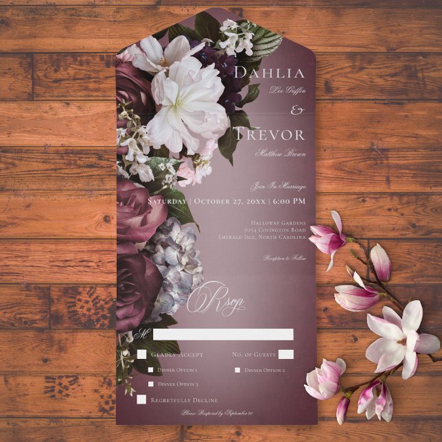 Dark Elegant Burgundy & Cream Blur Floral Dinner All In One Invitation (Dark Elegant Burgundy & Cream Blur Floral Dinner All In One Invitation)