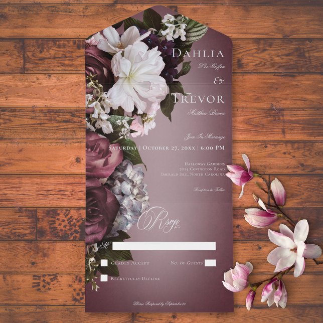 Dark Elegant Burgundy Cream Blur Floral No Dinner All In One Invitation (Dark Elegant Burgundy Cream Blur Floral No Dinner All In One Invitation)