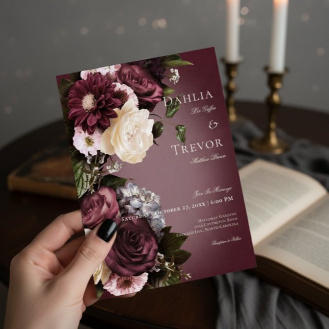 Dark Elegant Burgundy & Cream Blur Floral Wedding Invitation (Creator Uploaded)