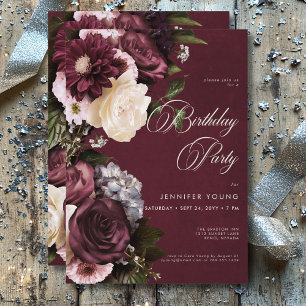 Dark Elegant Burgundy & Cream Floral Birthday Invitation