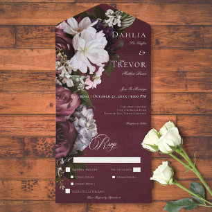 Dark Elegant Burgundy & Cream Floral Dinner All In One Invitation