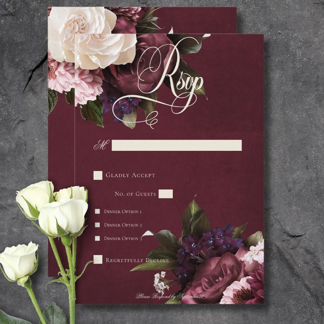 Dark Elegant Burgundy & Cream Floral Dinner RSVP Card (Dark Elegant Burgundy & Cream Floral Dinner RSVP Card)