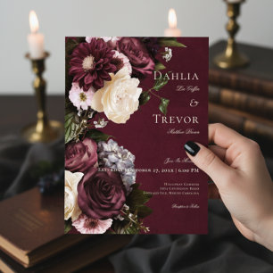Dark Elegant Burgundy & Cream Floral Wedding Invitation