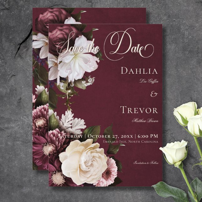 Dark Elegant Burgundy & Cream Floral Wedding Save The Date (Dark Elegant Burgundy & Cream Floral Wedding Save The Date)