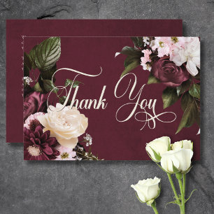 Dark Elegant Burgundy & Cream Floral Wedding Thank You Card