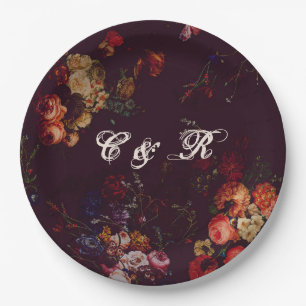 Dark Elegant Burgundy Moody Floral Name Intitials  Paper Plate