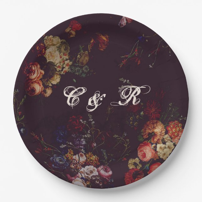 Dark Elegant Burgundy Moody Floral Name Intitials  Paper Plate (Front)