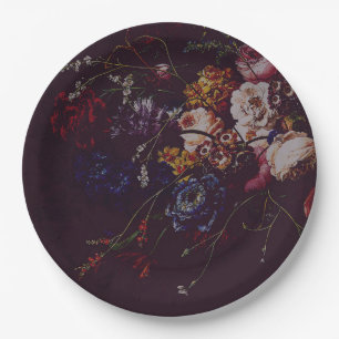 Dark Elegant Burgundy Moody Floral Paper Plate