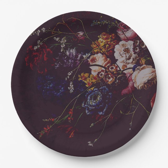 Dark Elegant Burgundy Moody Floral Paper Plate (Front)
