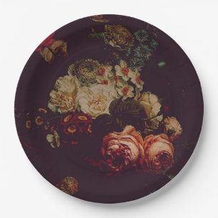 Dark Elegant Burgundy Moody Floral Paper Plate