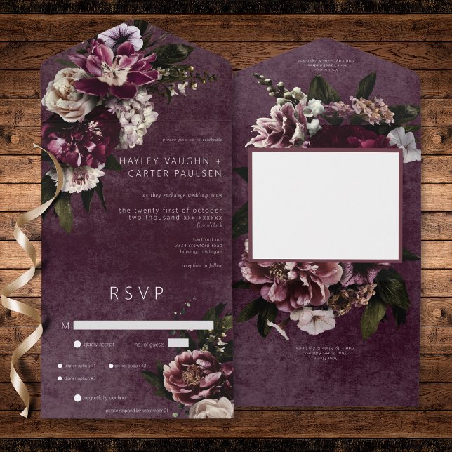 Dark Elegant Burgundy & White Floral Dinner All In One Invitation (Dark Elegant Burgundy & White Floral Dinner All In One Invitation)