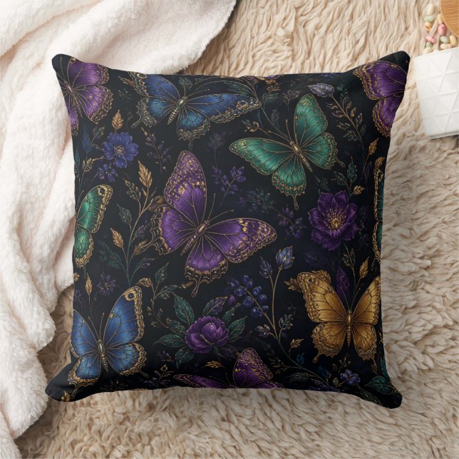 Dark Elegant Butterfly Pattern Throw Pillow (Blanket)
