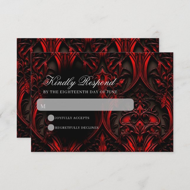 Dark Elegant Red & Black Gothic Damask Wedding RSVP Card (Front/Back)