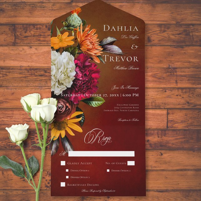 Dark Elegant Summer Sunset Floral Dinner All In One Invitation (Dark Elegant Summer Sunset Floral Dinner All In One Invitation)