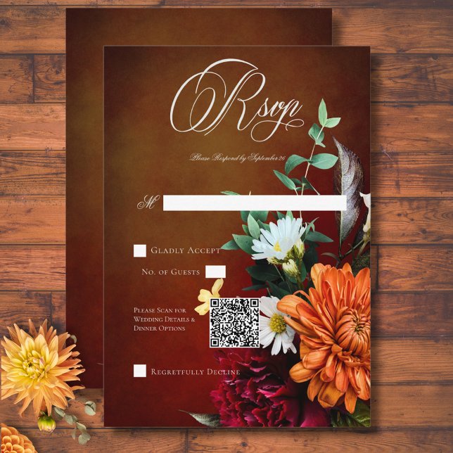 Dark Elegant Summer Sunset Floral Wedding QR Code RSVP Card (Dark Elegant Summer Sunset Floral Wedding QR Code RSVP Card)