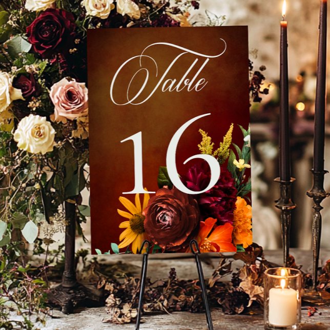 Dark Elegant Summer Sunset Floral Wedding Table Number (Creator Uploaded)