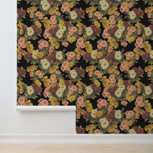 Dark Elegant Vintage Flowers on Black Wallpaper