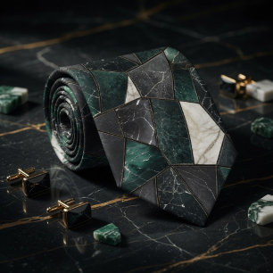 Dark Emerald and Charcoal Marble Geometric Mosaic Tie