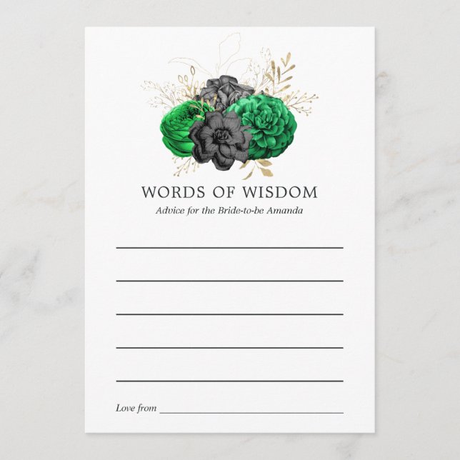 Dark Emerald and Gold Floral Bridal Shower Advice Card (Front)