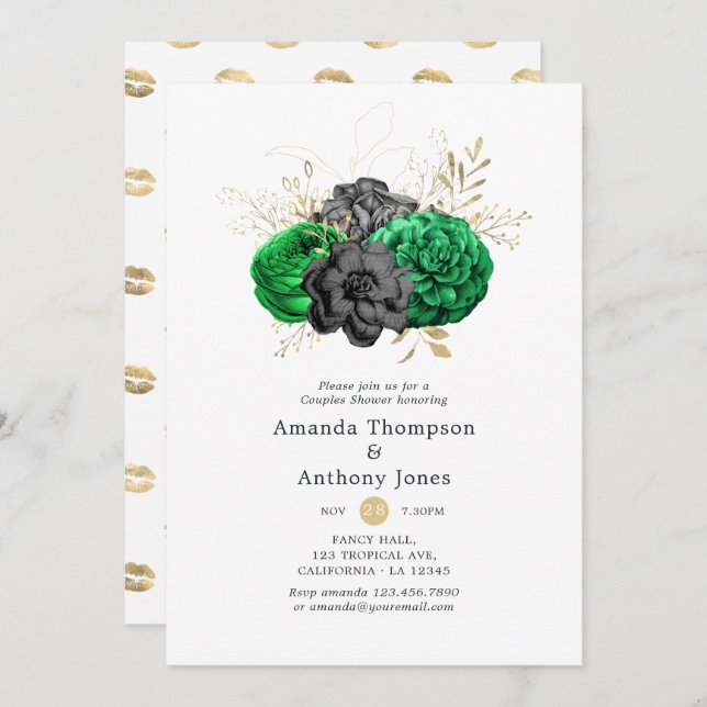 Dark Emerald and Gold Floral Couples Shower Invitation (Front/Back)