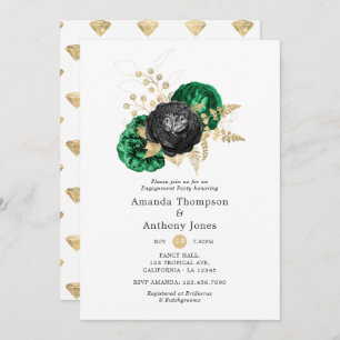 Dark Emerald and Gold Floral Engagement Party Invitation
