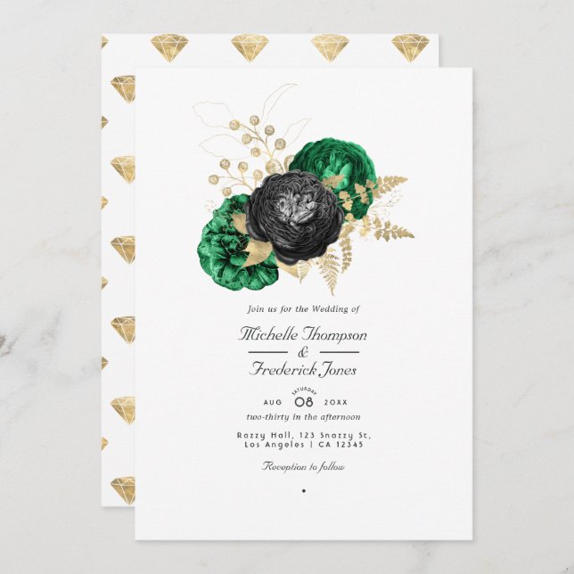 Dark Emerald and Gold Floral QR Code RSVP Wedding Invitation (Front/Back)