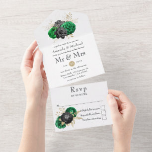 Dark Emerald and Gold Floral Wedding All In One In Invitation
