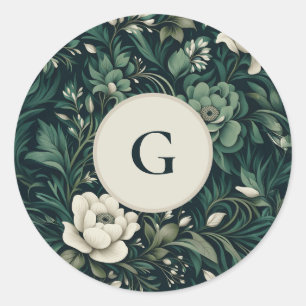 Dark Emerald Green Floral Classic Round Sticker