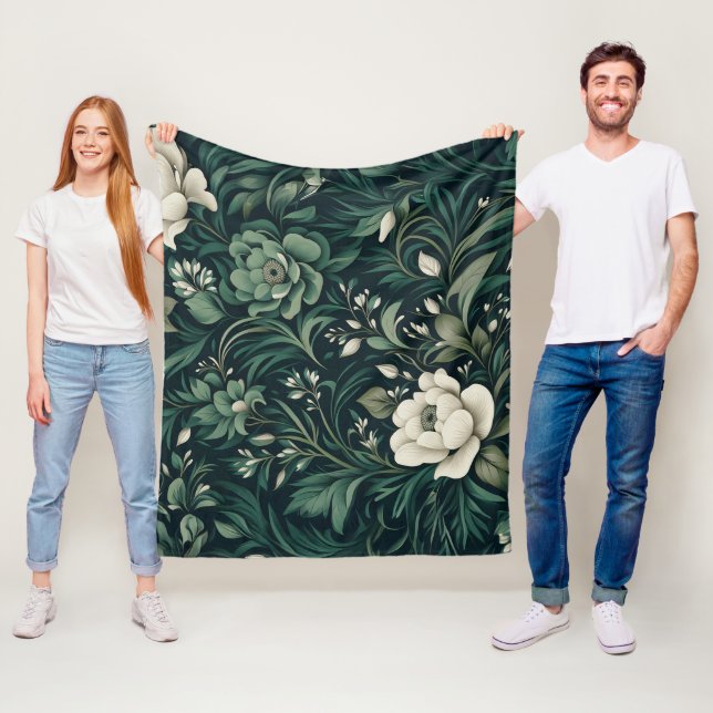 Dark Emerald Green Floral Fleece Blanket (In Situ)