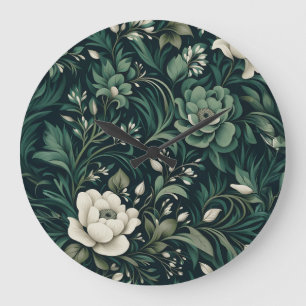 Dark Emerald Green Floral Large Clock