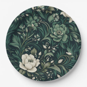 Dark Emerald Green Floral Paper Plate