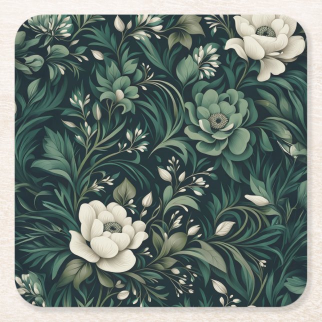 Dark Emerald Green Floral Square Paper Coaster (Front)