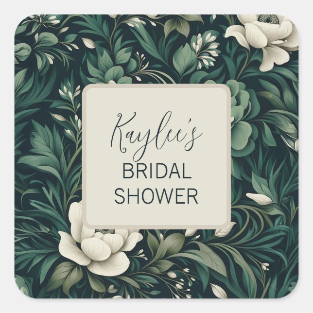 Dark Emerald Green Floral Square Sticker (Front)