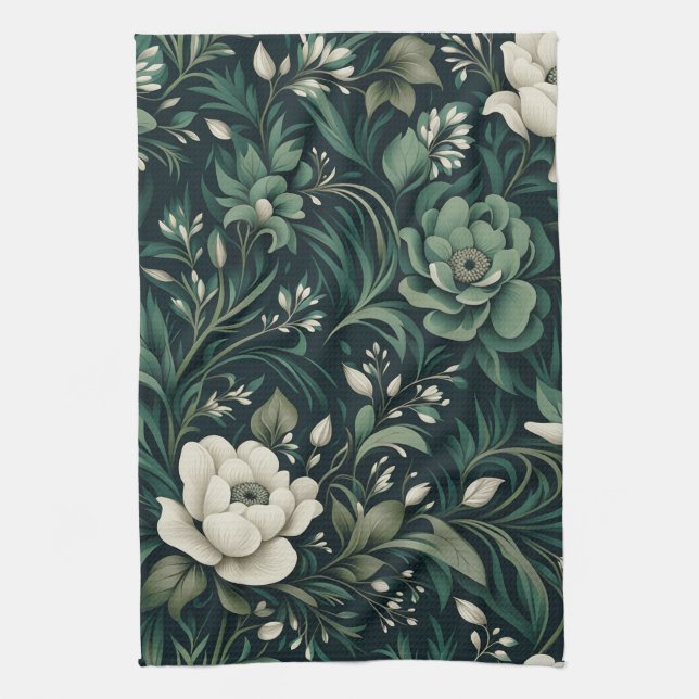 Dark Emerald Green Floral Tea Towel (Vertical)
