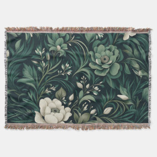 Dark Emerald Green Floral Throw Blanket